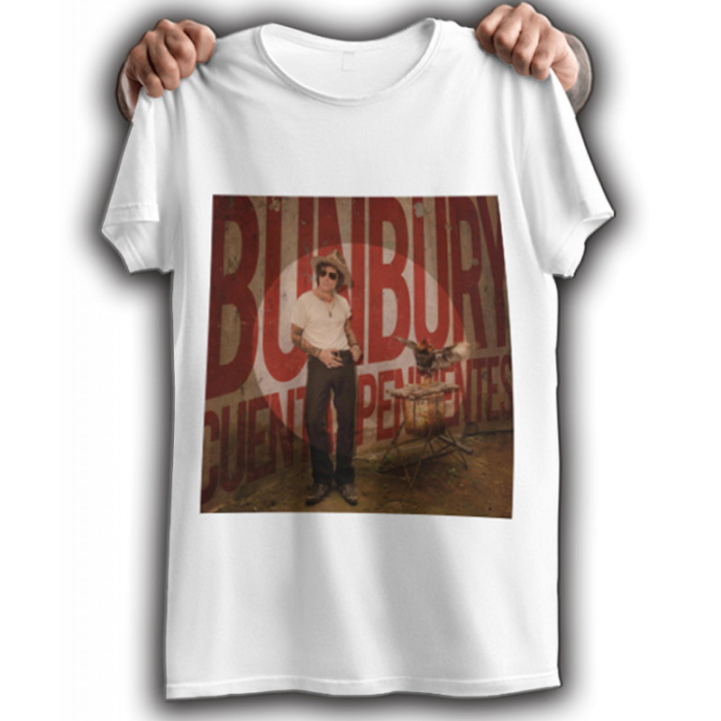 Camiseta Bunbury cuentas pendientes de color blanco. Nuevo disco de Bunbury. Ideal como regalo cuándo tengas que hacer un regalo
