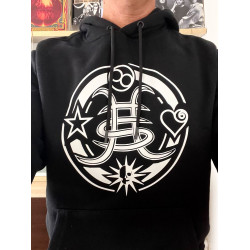 Sudadera Héroes del Silencio con capucha logo redondo con los símbolos de los miembros del grupo. Bolsillos delanteros tipo cang