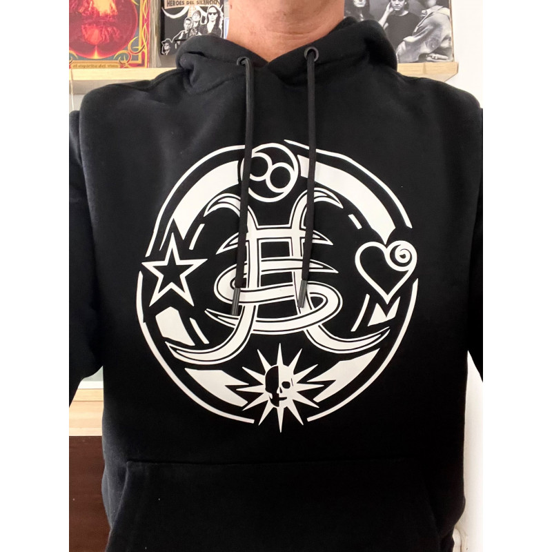 Sudadera Héroes del Silencio con capucha logo redondo con los símbolos de los miembros del grupo. Bolsillos delanteros tipo cang