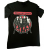 Camiseta Héroes del Silencio elegante color rojo - negro con la imagen de la banda y el logo detrás, ideal para los fans
