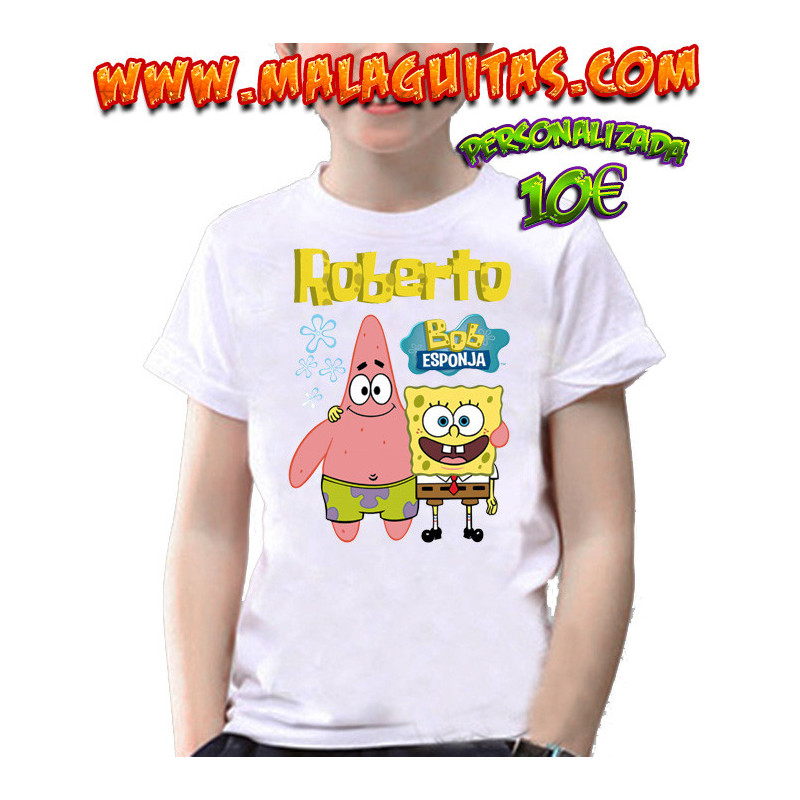 Camiseta Bob Esponja y Patricio personalizada con el nombre para cumpleaños