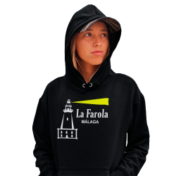 Sudadera La Farola de Málaga color negro. El único faro de España que se dice en femenino, imagen popular de la ciudad de Málaga