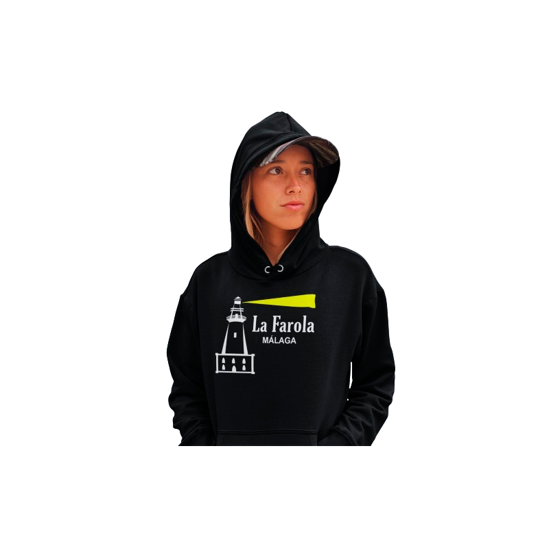 Sudadera La Farola de Málaga color negro. El único faro de España que se dice en femenino, imagen popular de la ciudad de Málaga